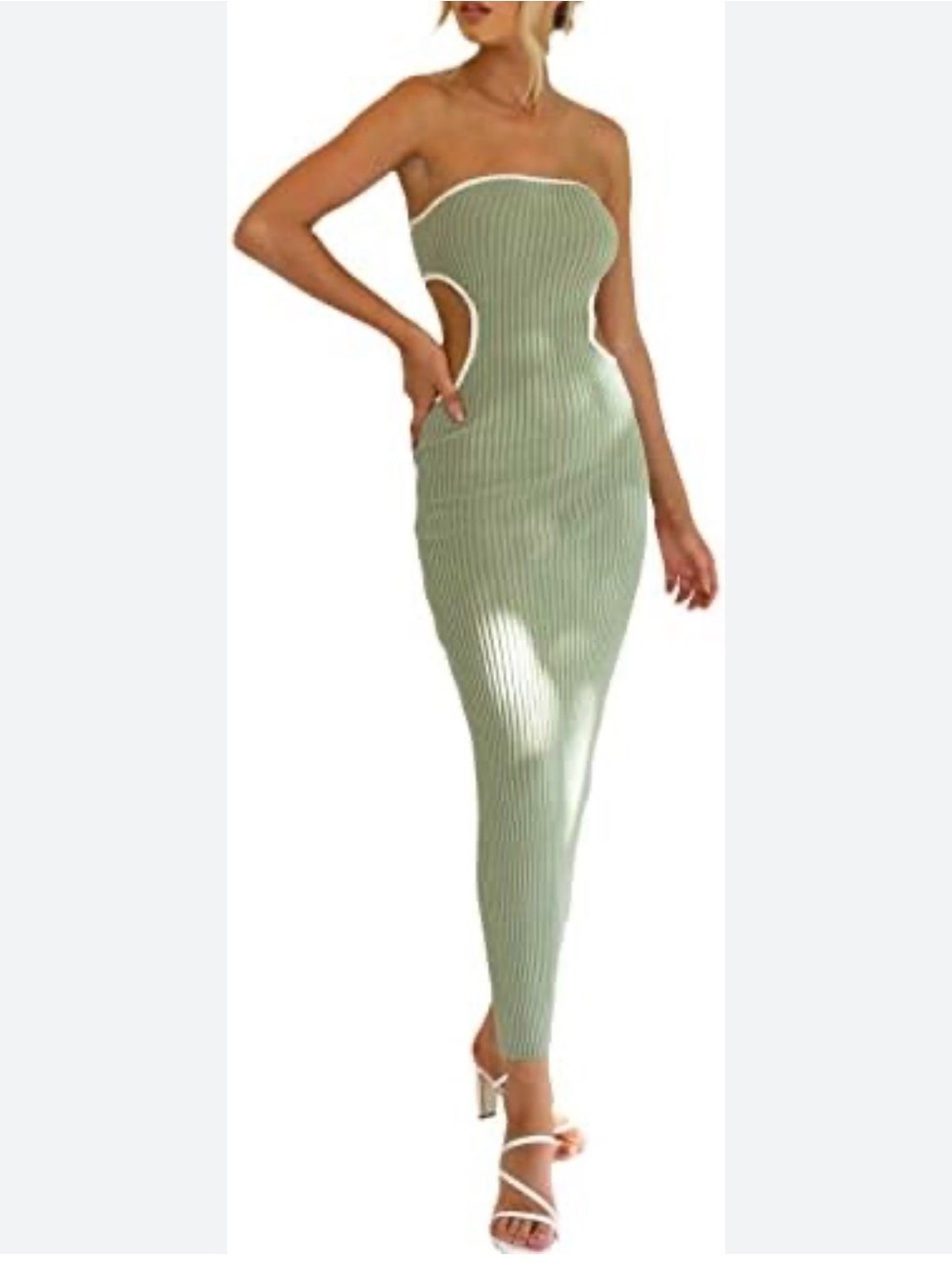 Strapless Sage Green Ribbed Cutout Maxi Dress